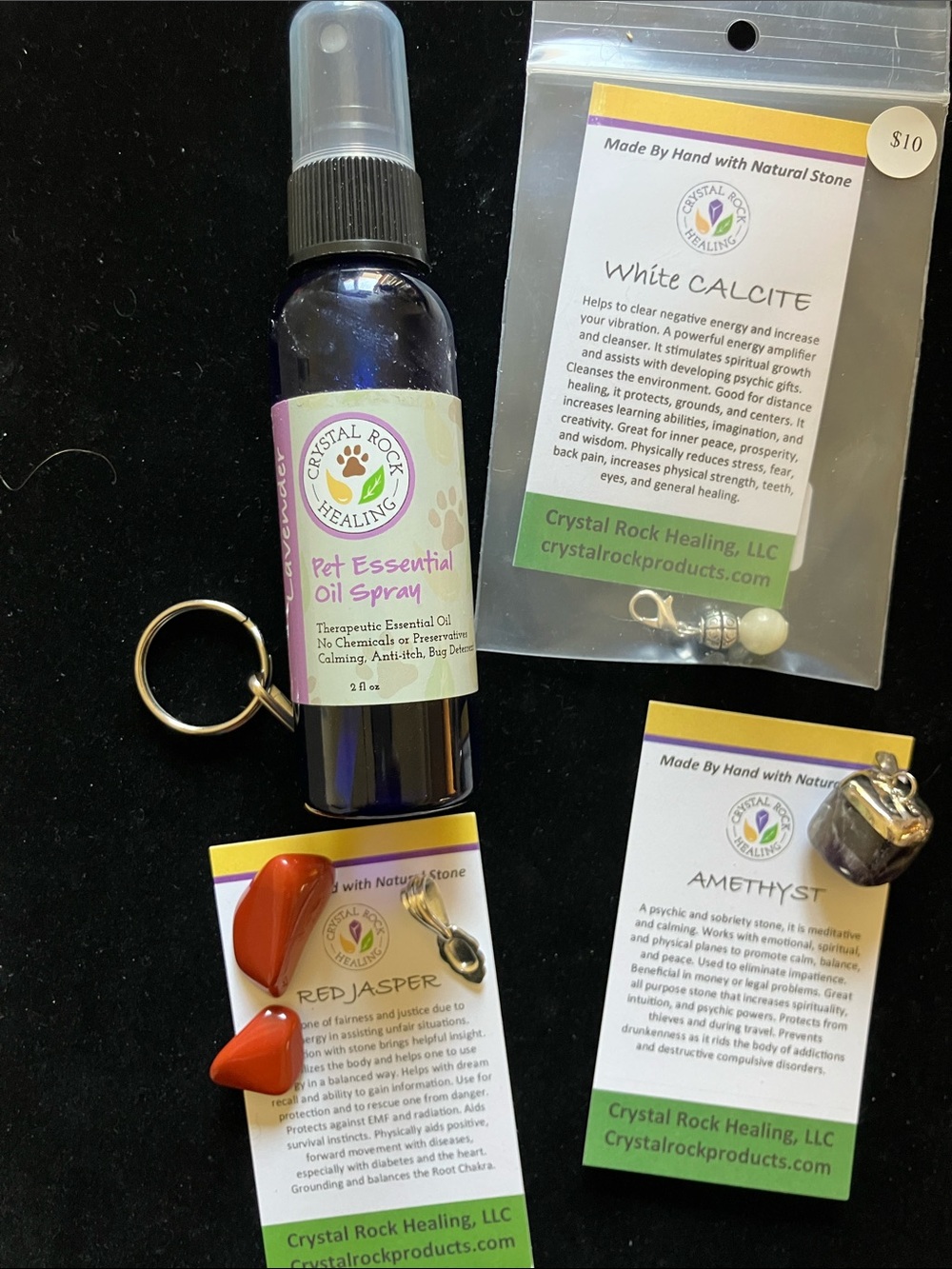 Lavender Essential Oil Pet Spray, Amethyst amulet, Aura quartz charm, 2 jasper